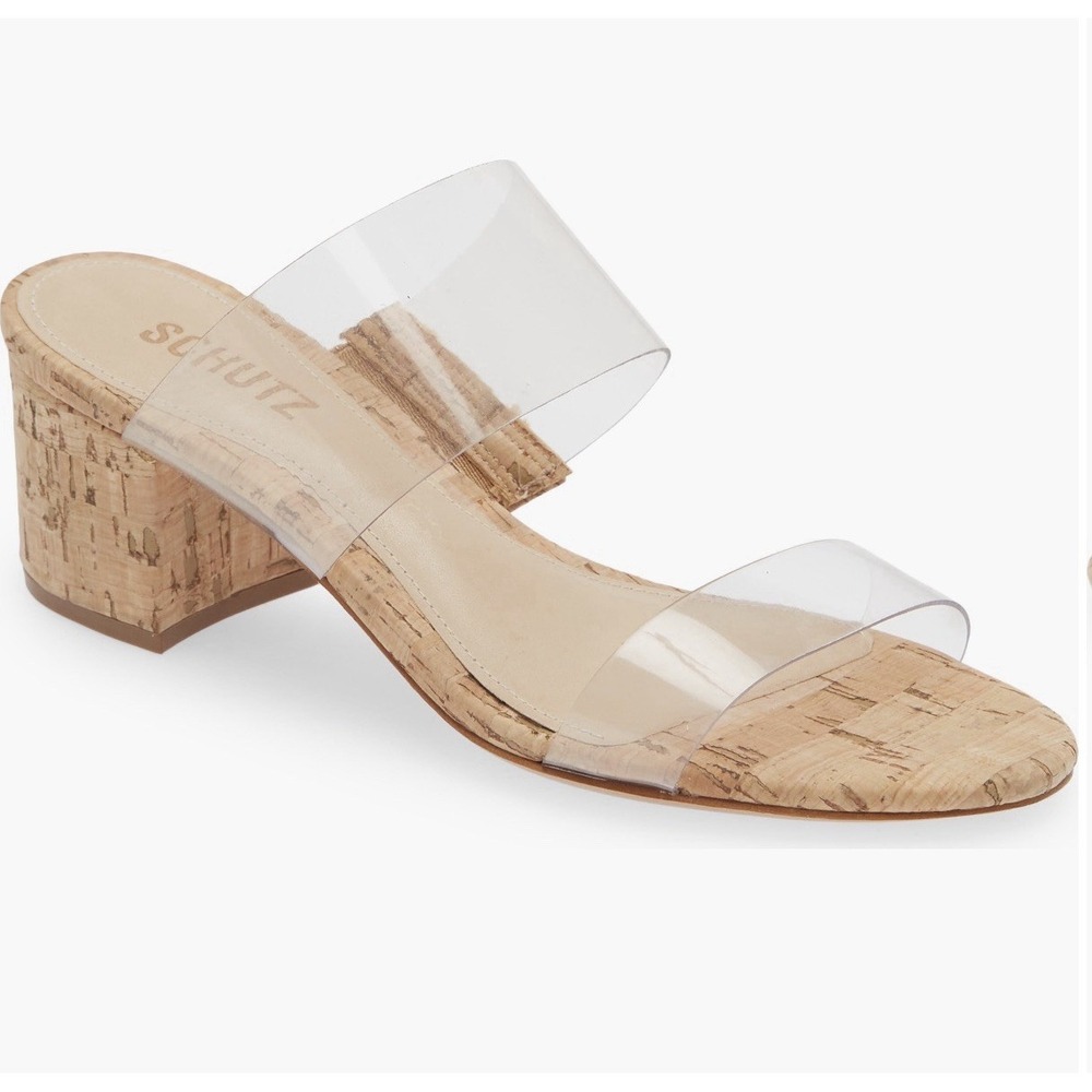 Schutz Victorie Clear Transparent Strap Cork Sandals Slip Ons Sz 10 Block Heel